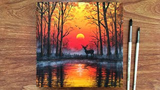 Sunset Forest Scene Painting on Canvas | Acrylic Art | Canvas Painting