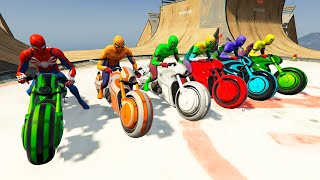 GTA 5 Crazy Jumping on SpiderMan's Motorcycles with Mega-Ramp (FALLS FROM HEIGHT RAGDOLLS)