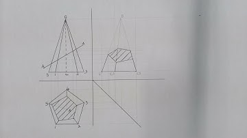 Pentagonal pyramid cutting sowing the cutting plane in the top and left view