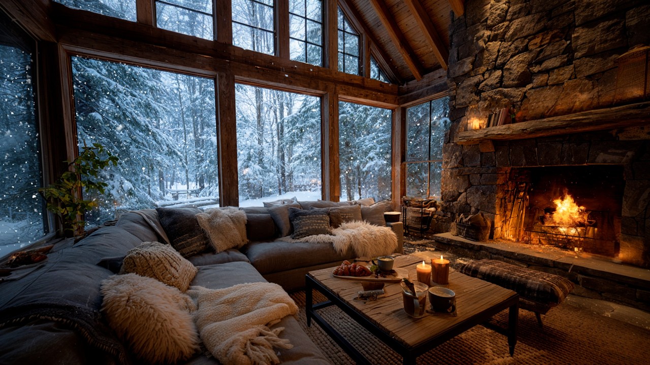 Cozy Cabin Fireplace Fire with Cold Snowstorm Outside, Perfect Ambience for Sleep