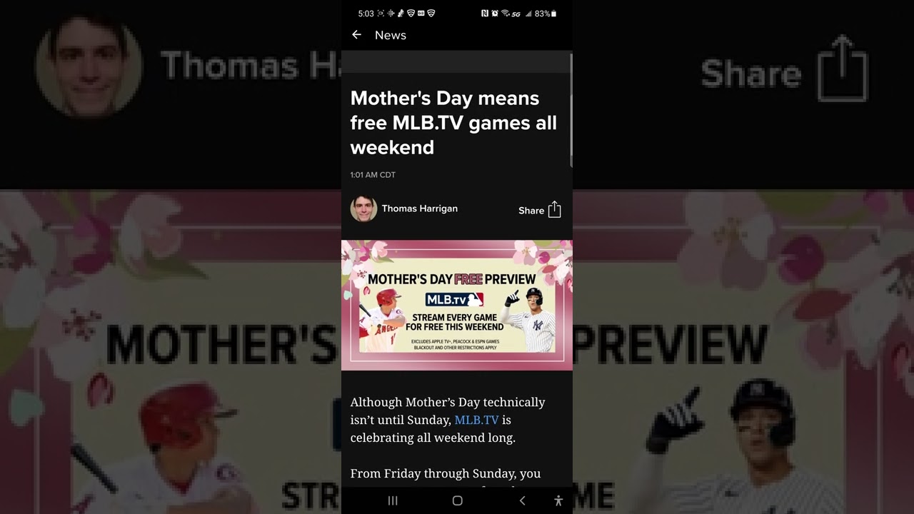 Watch MLB Games ALL Weekend Long Fo Free! Happy Mothers Day!!!
