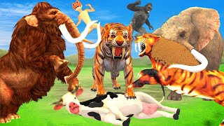 3 Giant Tiger attack Cow Cartoon Bull Saved by Woolly Mammoth Elephant VS Saber-Toothed Tiger