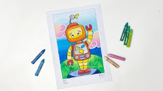 Cara Mewarnai Gambar Robot Dengan Crayon Oil Pastel