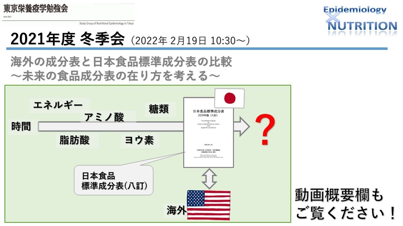 21年度冬季会 概要欄に目次 講義資料あります 海外の成分表と日本食品標準成分表の比較 未来の食品成分表の在り方を考える 東京栄養疫学勉強会 Youtube