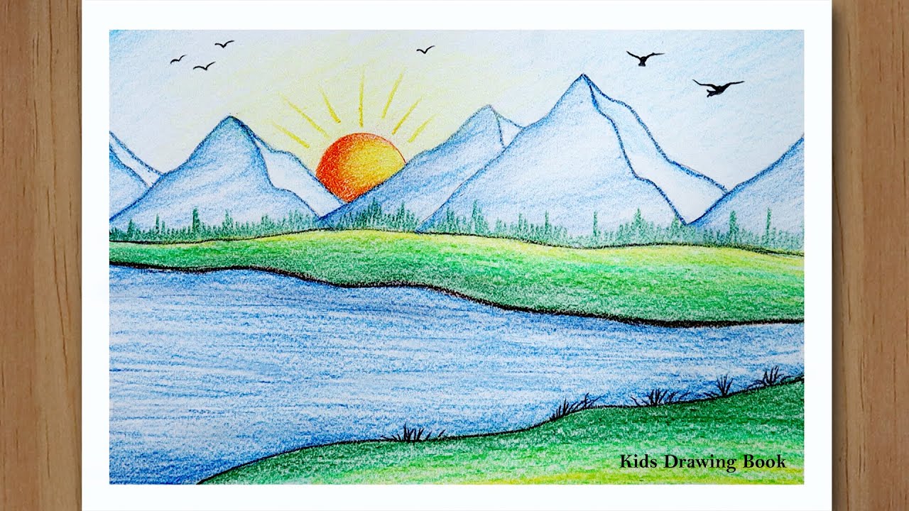 How to draw sunrise with colored pencils step by step - Mountain