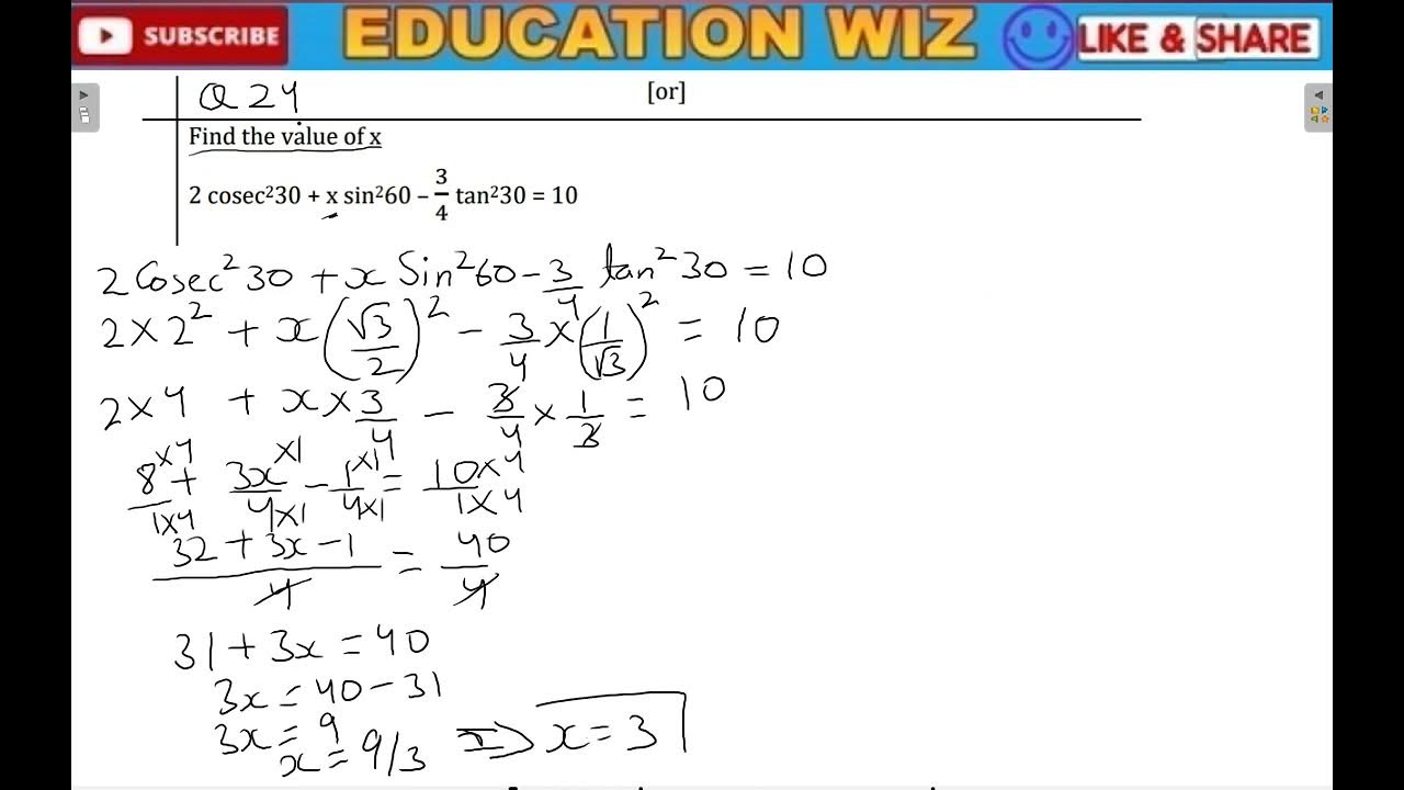 find-the-value-of-x-2-cosec-2-30-x-sin-2-60-3-4-tan-2-30-10-youtube