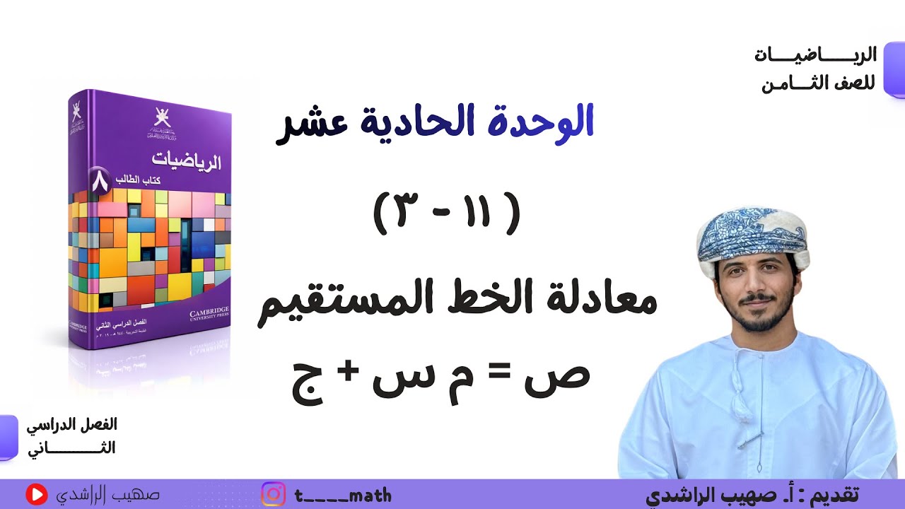 الدرس الثاني عشر ( ١١ - ٣ ) : معادلة الخط المستقيم ص= م س + ج - الصف الثامن - الفصل الدراسي الثاني 