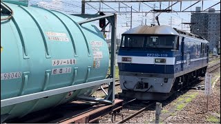 JR貨物EF210形100番台119号機（新塗装）と赤コキ200形4B（両）＋タキ14B（両）が警笛を２発鳴らして倉賀野駅構内で連結するシーン（4074レ・新A233・石油返空）2023.8.17