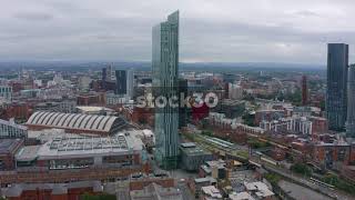 Drone Shot Orbiting Clockwise Around The Beetham Tower In Manchester, UK