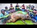 How Clean a PIG & Cooking by Santali Tribe on their Traditional System & Eating with Rice Wine