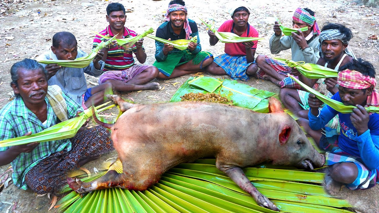 How Clean a PIG  Cooking by Santali Tribe on their Traditional System  Eating with Rice Wine