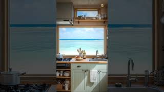 dapur dengan view lautan , dengan pasir putih dan karang ombak lembut air biru laut jernih. awan pu