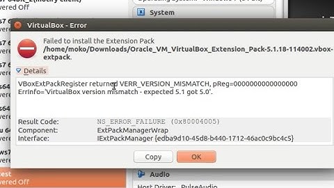 Virtualbox error - failed to install the extension pack