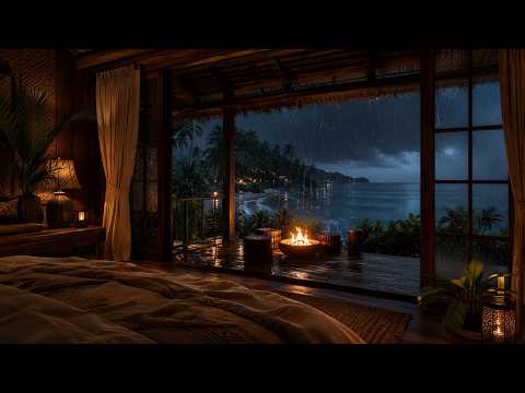 Tropical Beach Meditation 🌙 Calm Ocean Waves & Fireplace Ambience for Deep Sleep (1 Hour)