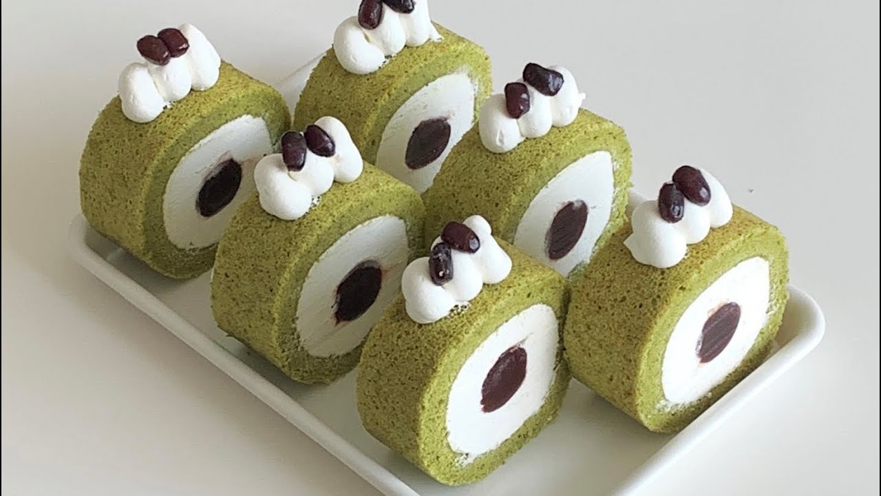 미니오븐으로 부드러운 말차 팥 롤케이크 만들기 💚 Matcha red bean roll cake