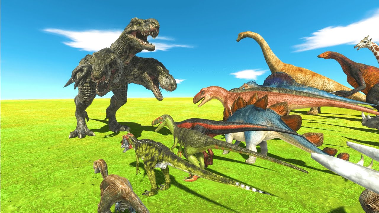 A battle between a three-headed dinosaur Tyrannosaurus and