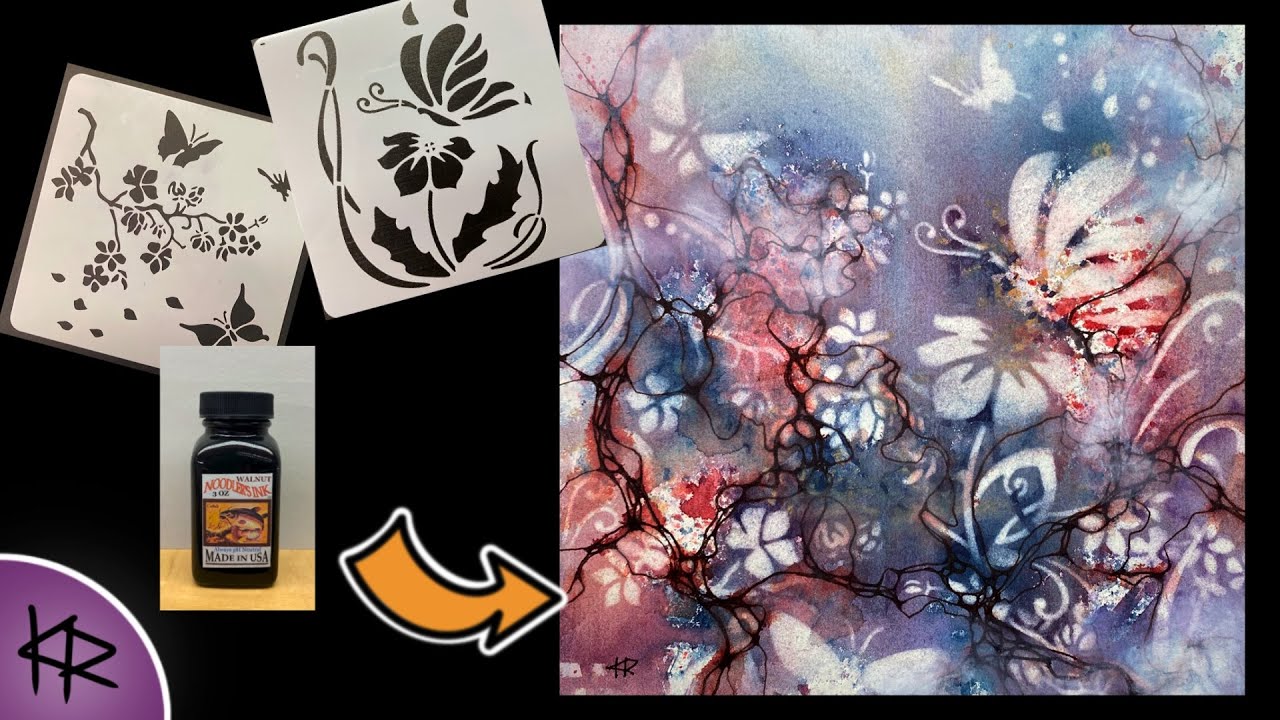 Reverse Stenciling WATERCOLOR demonstration - neurographic ink lines - Butterflies & Flowers 154