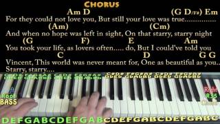 Vincent "Starry Starry Night" (Don McLean) Piano Lesson Chord Chart with Lyrics - Arpeggios