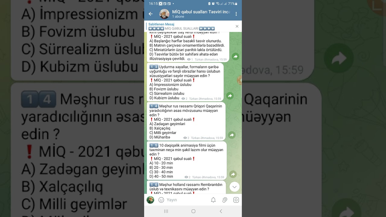 Təsviri incəsənət MİQ QƏBUL SUALLARI (200 sual)