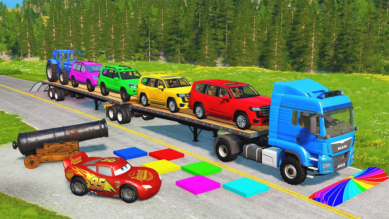 Flatbed Truck McQueen | Transportation with Truck - Pothole vs Car #6 | BeamNG.Drive Gameplay