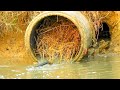 Unclogging Culvert Pipe Drain Water - Removing All Trash Clogged Culvert