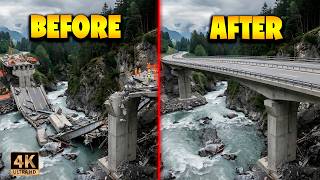 Collapsed Bridge Rebuilt Step by Step. Mountain Construction Timelapse