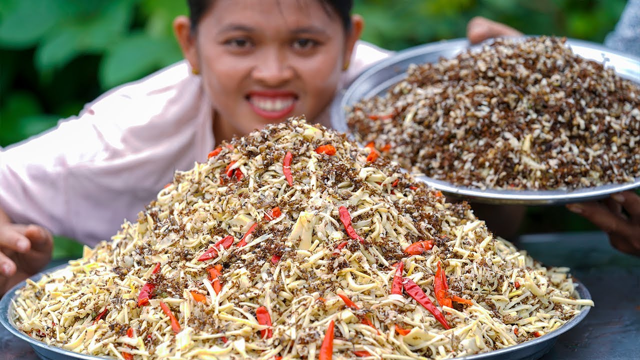 Mixed Weaver Ant With Bamboo Shoot Recipe in Village - Cooking Bamboo ...