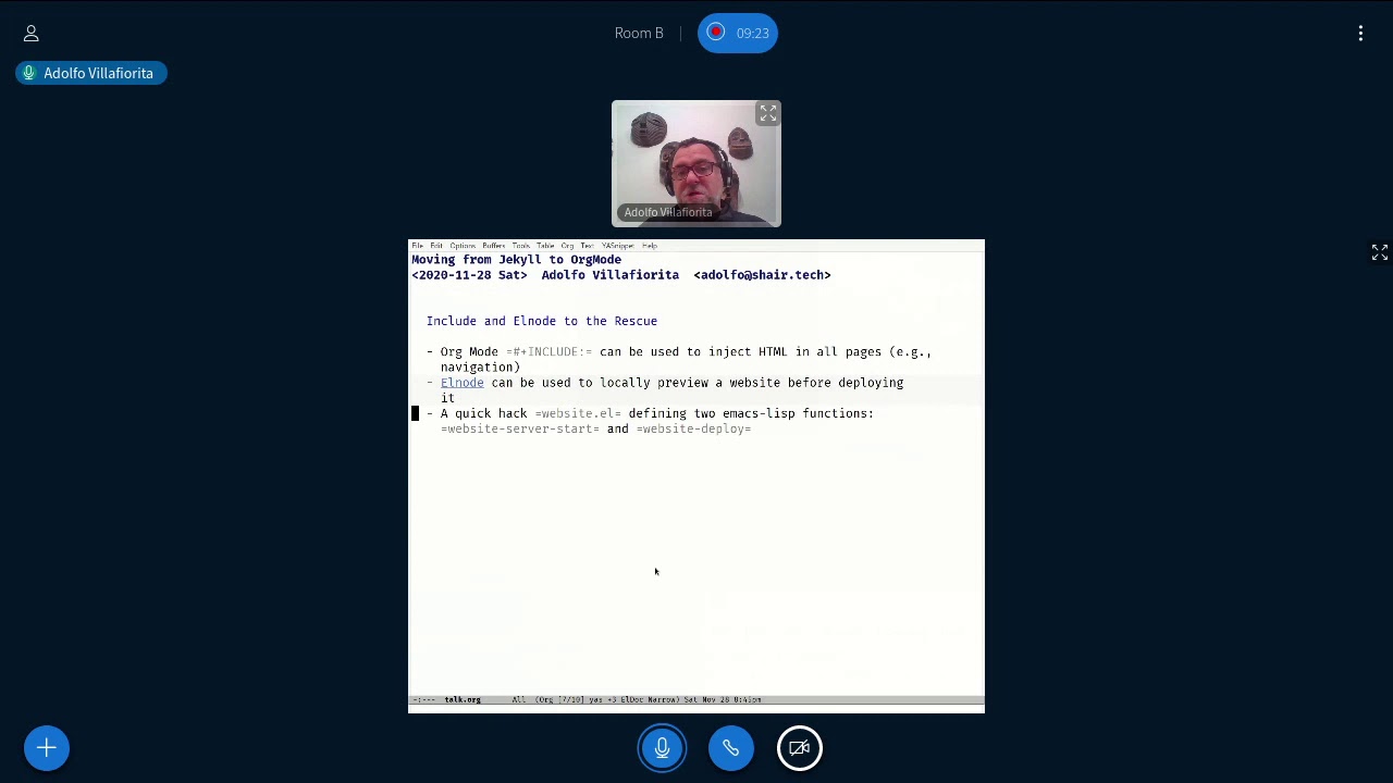 EmacsConf 2020 - 15 - Moving from Jekyll to OrgMode, an experience report - Adolfo Villafiorita