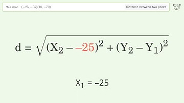 Find the distance between two points p1 (-25,-55) and p2 (18,-70): Step-by-Step Video Solution