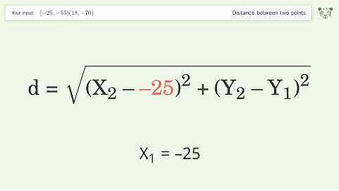 Find the distance between two points p1 (-25,-55) and p2 (18,-70): Step-by-Step Video Solution