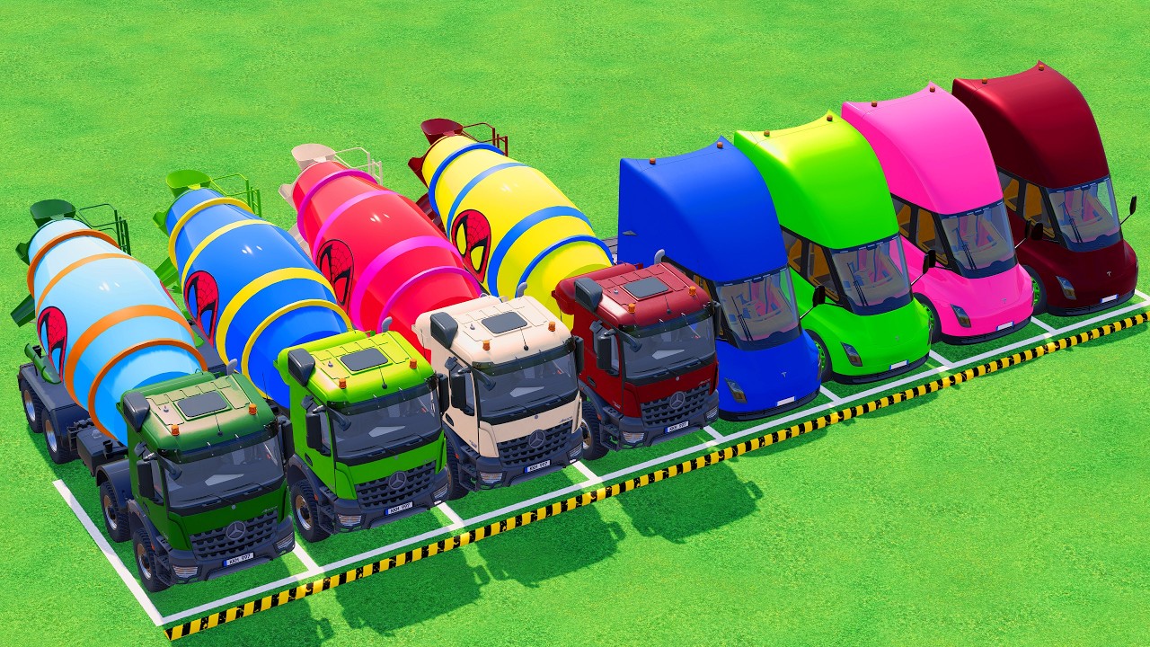 Trucks With COLORS - TRANSPORTING MIXER TRUCK and TRUCK with FLATBED TRAILER TRUCK #13