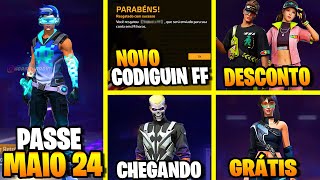 AMANHÃ NOVO CODIGUIN, PASSE DE MAIO 2024, EVENTO DE DESCONTO, SKIN GRÁTIS, NOVIDADES FREE FIRE