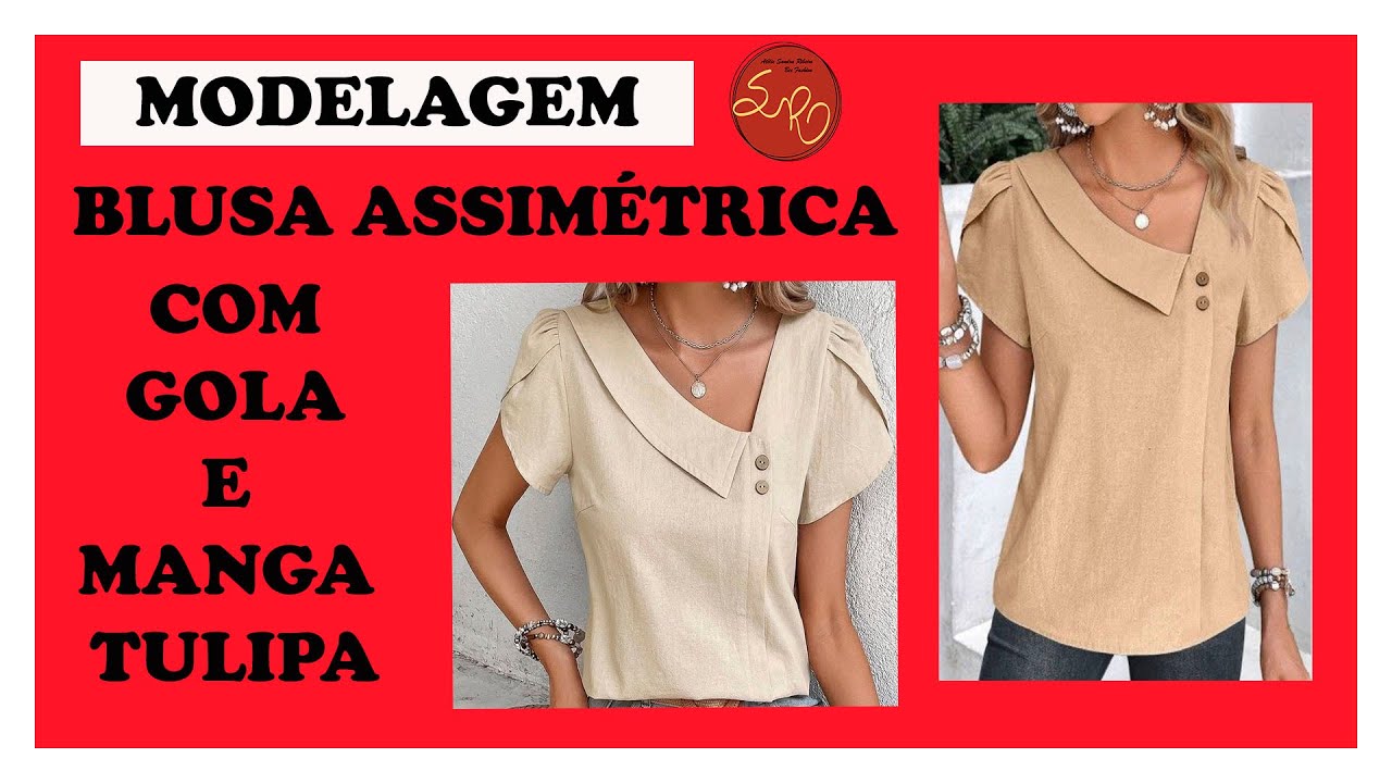 BLUSA ASSIMÉTRICA, COM GOLA E MANGA TULIPA