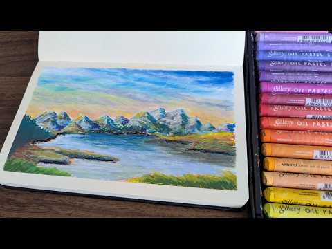 オイルパステル画】独学で挑戦。山々と湖を描いてみた｜Oil Pastel