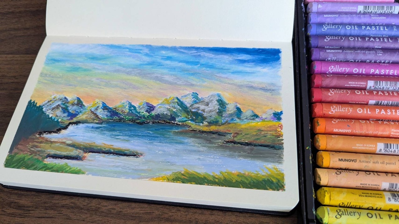 オイルパステル画】独学で挑戦。山々と湖を描いてみた｜Oil Pastel
