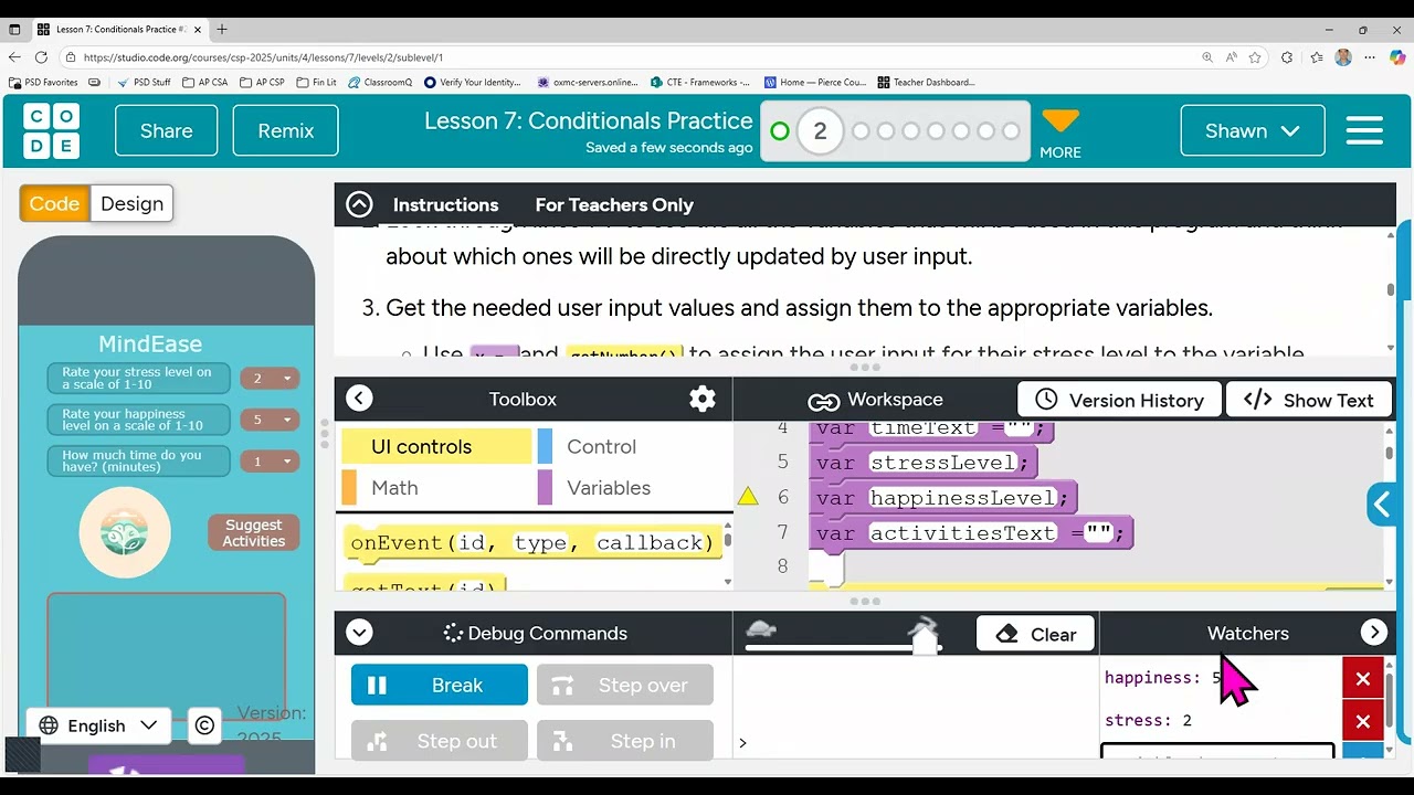 Code.org - Unit 4 - Lesson 7 - MindEase App