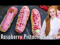 The BEST Pistachio Raspberry Eclairs Recipe!! With Pistachio Cream Filling & Raspberry Glaze!