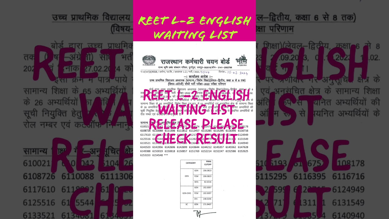 Reet level 2 english waiting list released