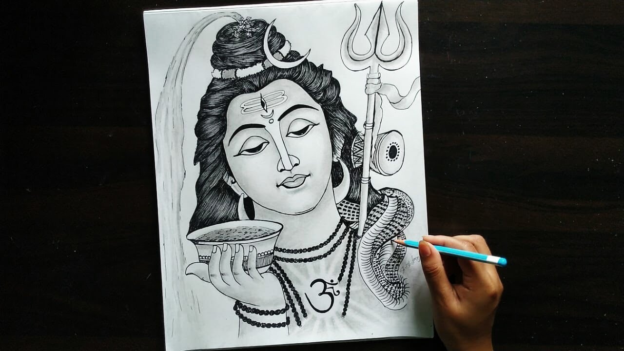 Sketch Of Shiv Ji,Parvati and Ganesh Ji - Desi Painters