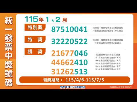 【統一發票開獎】115年1-2月│94看新聞