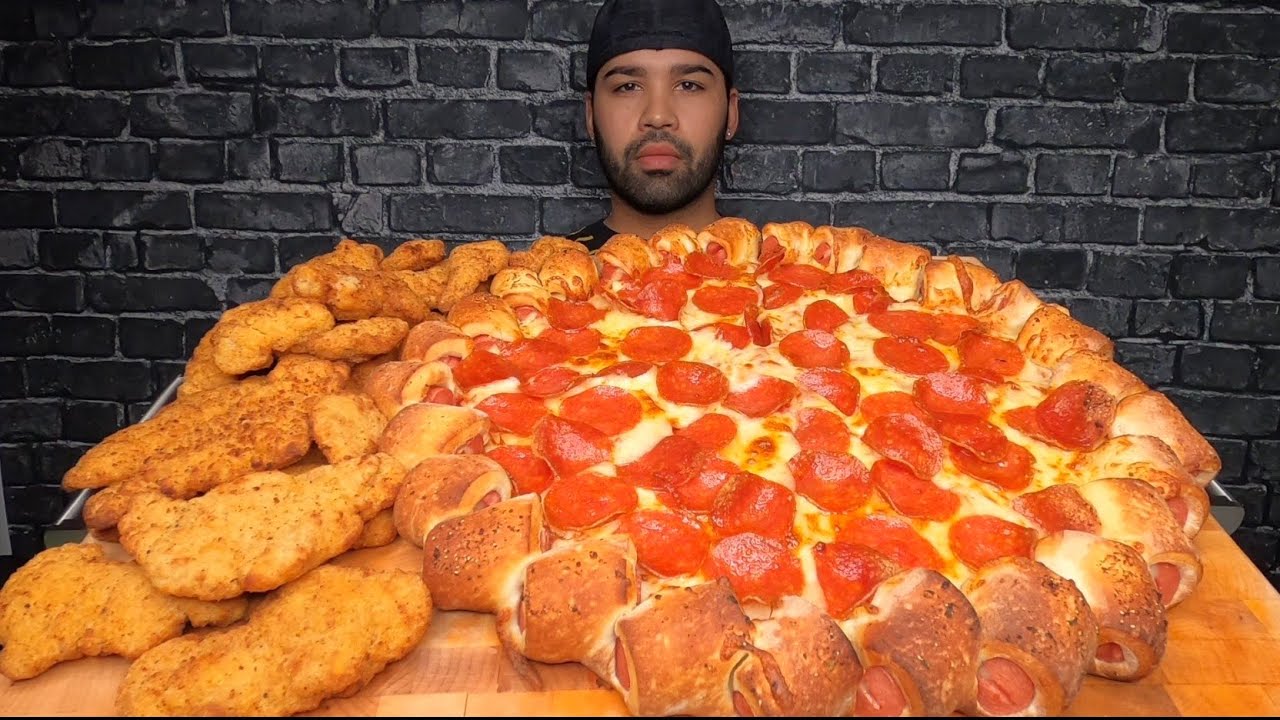 (ASMR) HOT DOG STUFF CRUST PEPPERONI & CHEESE PIZZA AND CHICKEN FINGERS MUKBANG