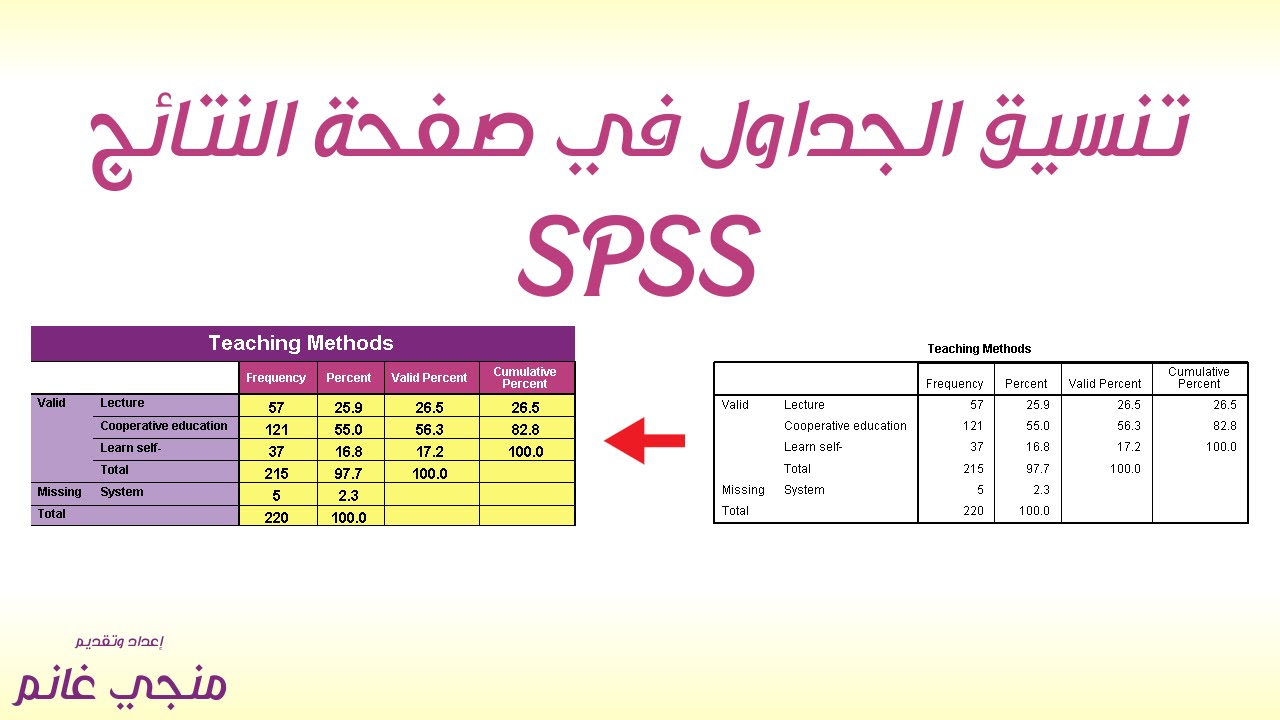 تنسيق الجداول في صفحة النتائج في برنامج SPSS الاحصائي