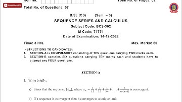 BSC 3RD SEM CS SEQUENCE SERIES AND CALCULUS DEC 2022 | PTU