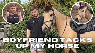 NON-HORSEY BOYFRIEND TACKS UP MY HORSE! | he gets bitten!