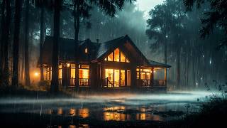 Heavy Rain Sounds at Night ⛈️ Thunderstorm Ambience for Deep Sleep | Dark Forest Cabin