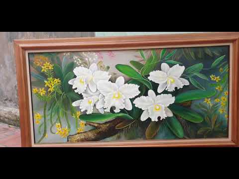 Tranh sơn dầu hoa lan trắng khung gỗ sồi