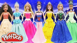 Play Doh Prom Dresses  Disney Princess Moana Elsa Anna Frozen Tiana Belle Mulan Aurora