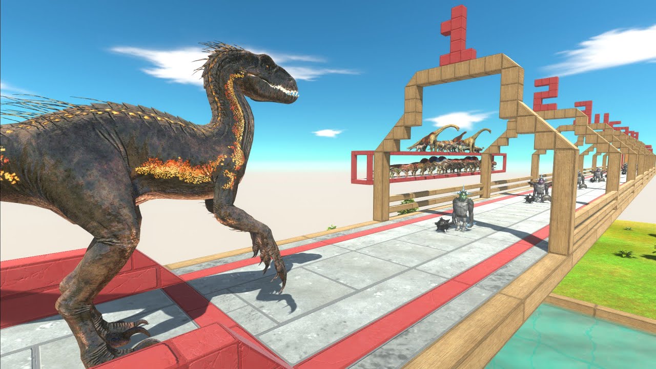 Indoraptor in a multi-stage battle on a straight path - Animal Revolt Battle Simulator