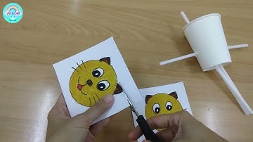 Create push and pull craft toy with paper cup and straw tutorial - Science art kids - jumping cat