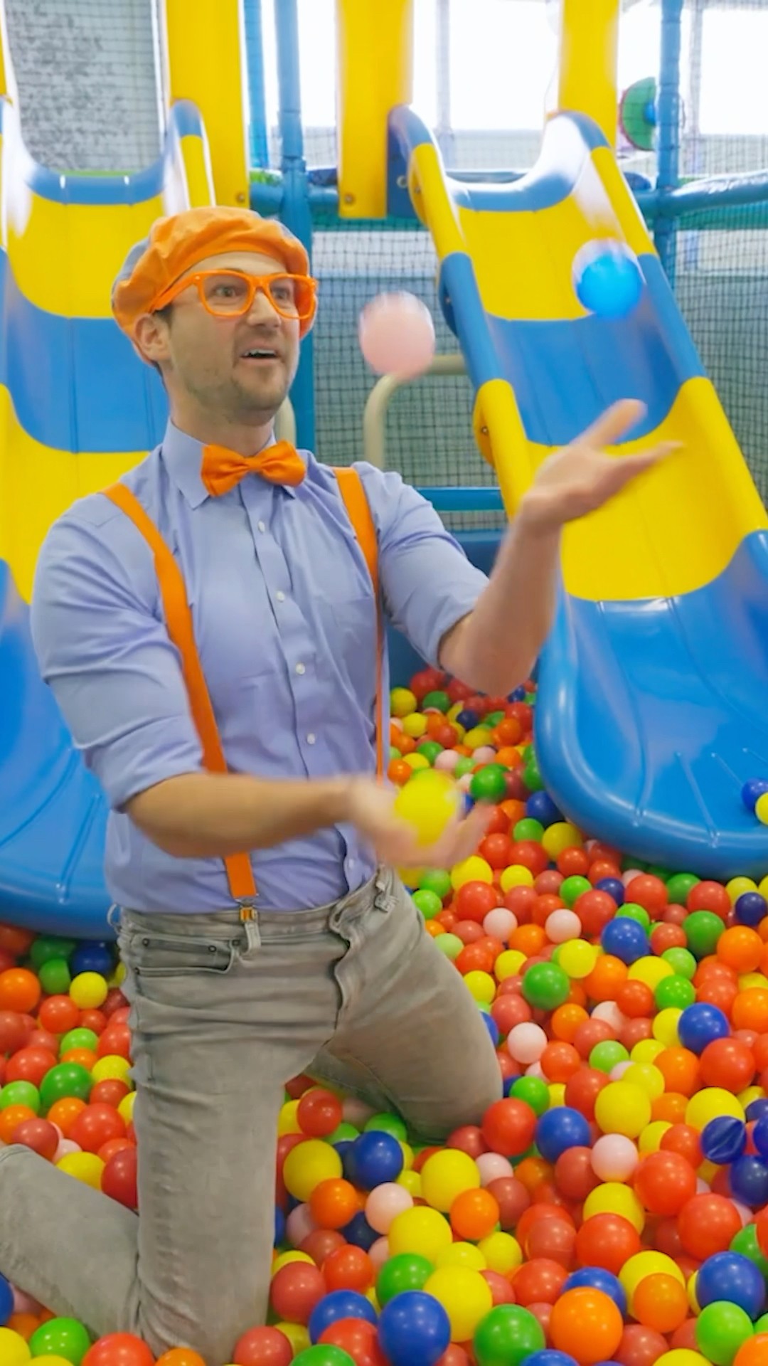 Blippi and Layla RACE down the slide into a ballpit! Play along! #blippi #shorts